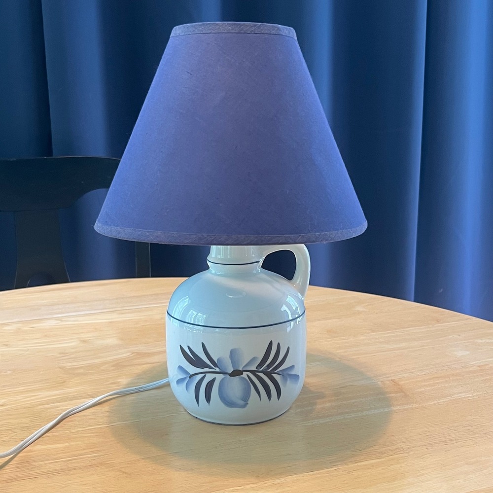 Vintage Ceramic Jug Table Lamp Hand Painted Blue Floral Farmhouse Decor 15 Inch